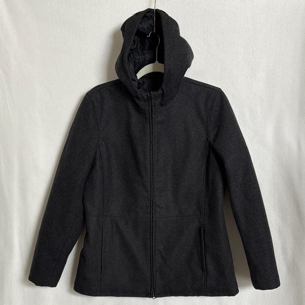 VTG GAP Women’s Sz M Gray Jacket wool full Zip Hooded Coat Quilted lined